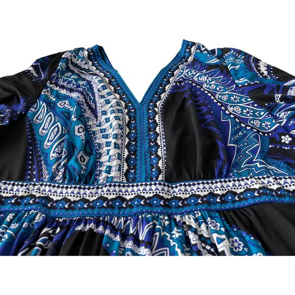 ECI NEW YORK WAIST DRESS WITH TIE, WOMENS, XL, BLUE BLACK WHITE ABSTRACT, V-NECK - Picture 3 of 11